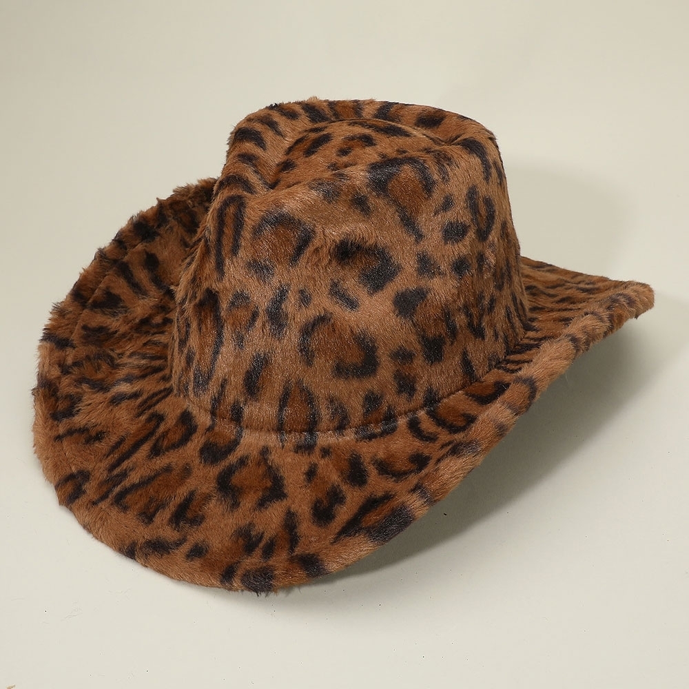 Brown Leopard Print Pattern Fuzzy Cowgirl Cowboy Brim Fur Fedora Western Hat